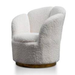 Lounge Chair - White Synthetic Wool Fabric With Brass Gold Base