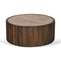 89cm Travertine Top Round Coffee Table - Walnut