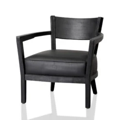 Black Wooden Armchair - Black PU Leather Seat