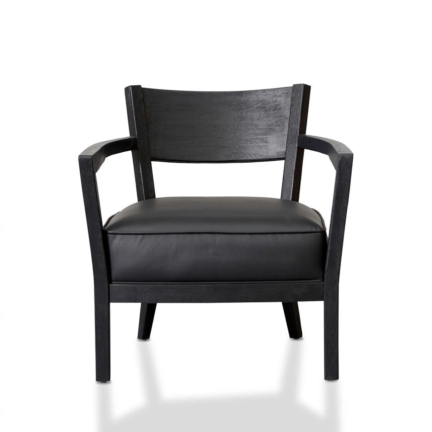 Black Wooden Armchair - Black PU Leather Seat - Image 2