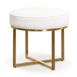 Ivory White Boucle Ottoman - Brushed Gold Base