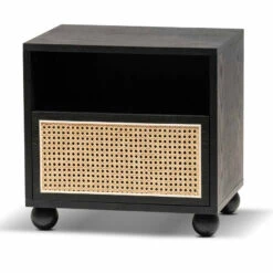 Wooden Side Table With Rattan Front - Black