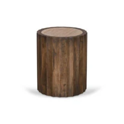 45cm Travertine Top Round Side Table - Walnut