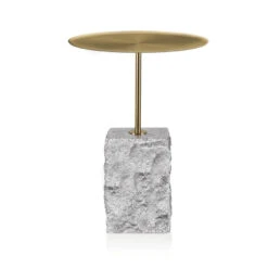 45 Cm Brushed Gold Side Table - Faceted Granite Marble