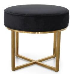 Steel Frame Ottoman In Black Velvet Seat - Brushed Gold Base